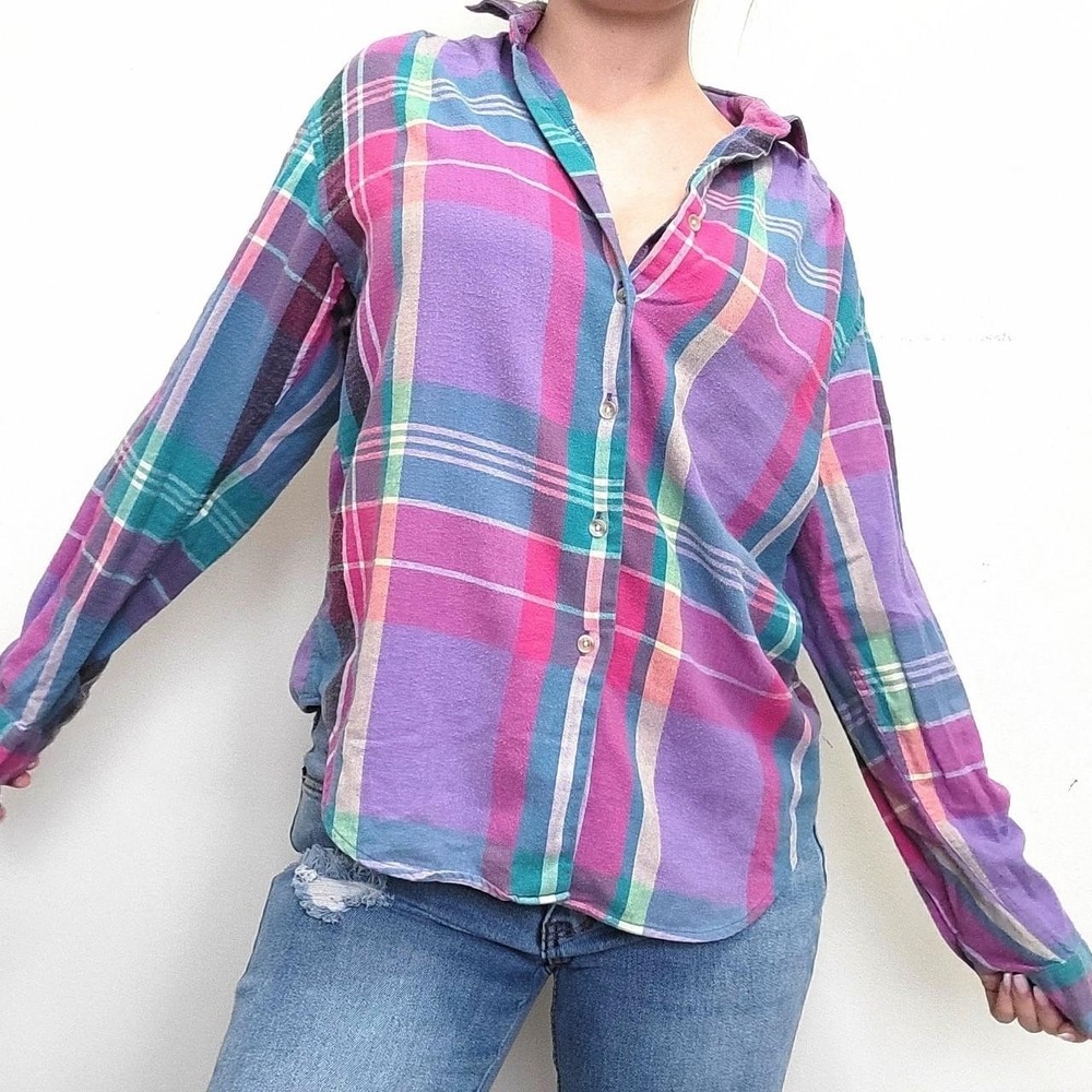 Vintage 1990s plaid purple and teal flannel button up